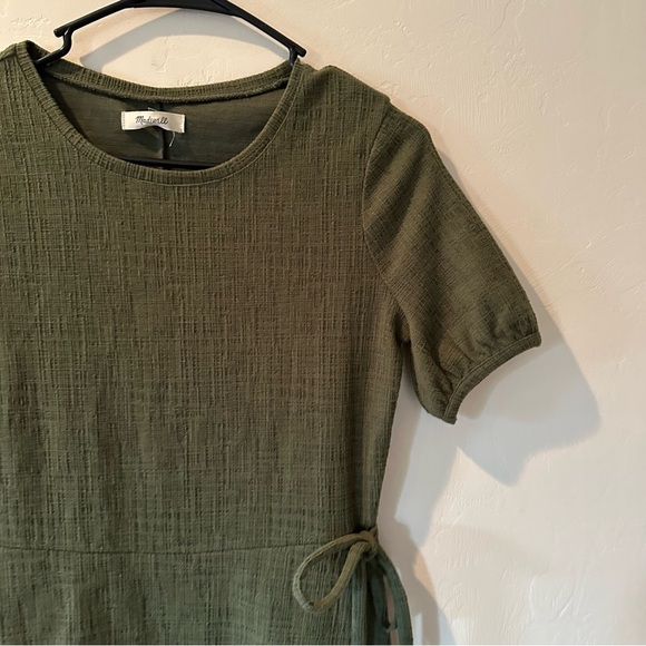 Madewell Crosshatch Puff-Sleeve Faux-Wrap Mini Dress Olive Green - Picture 4 of 11